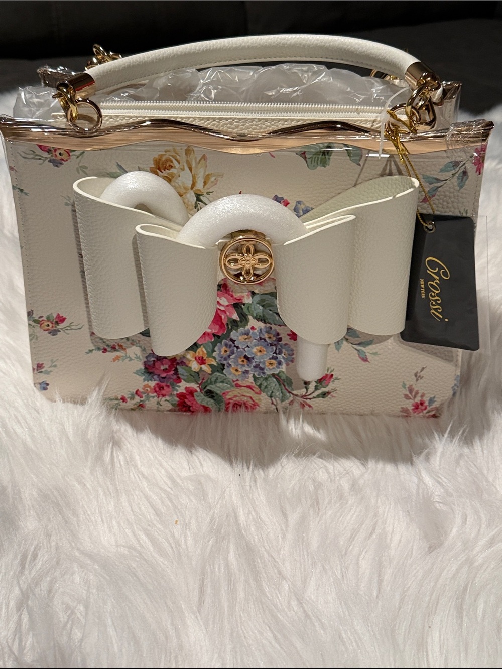 Cressi Cream Floral Satchel with Bow Accent